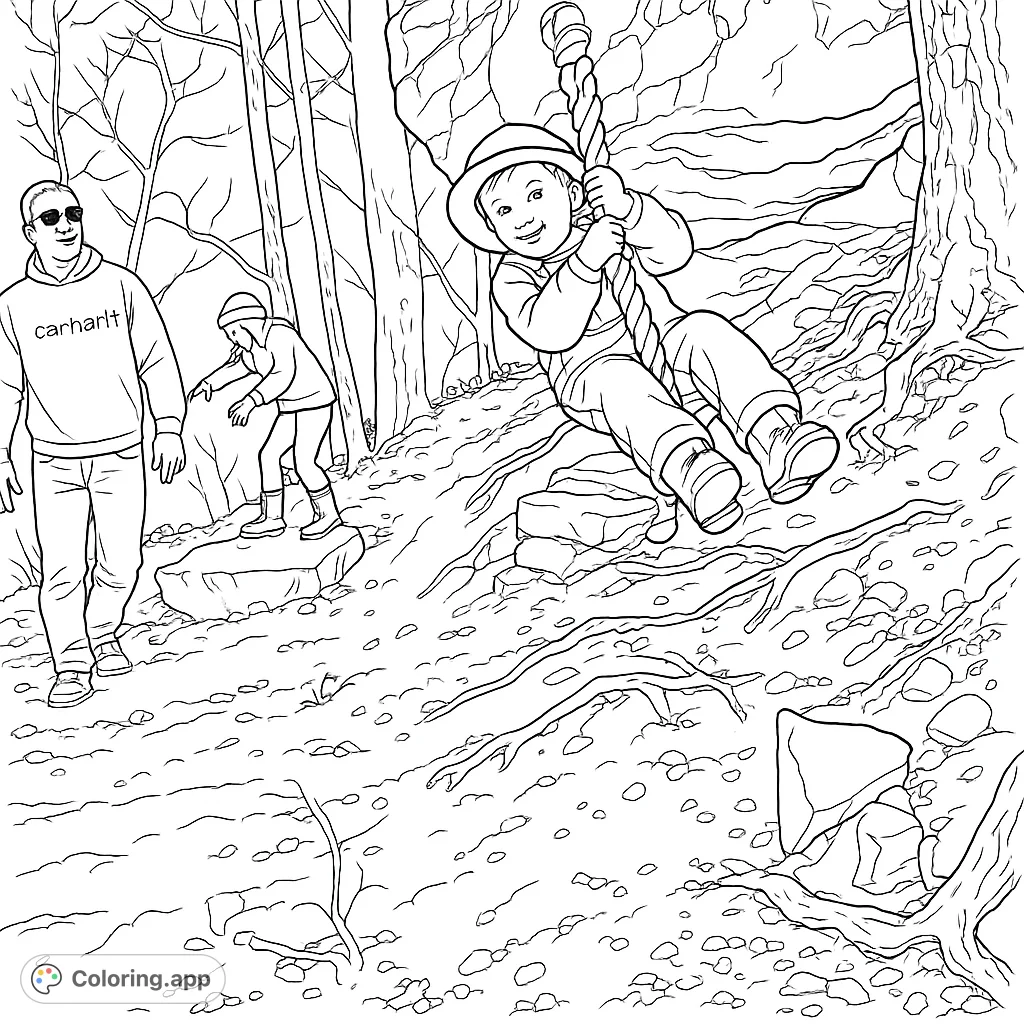 A lively outdoor scene featuring a child swinging on a rope, another exploring rocks, and an adult watching. Perfect for family adventure coloring page fun.