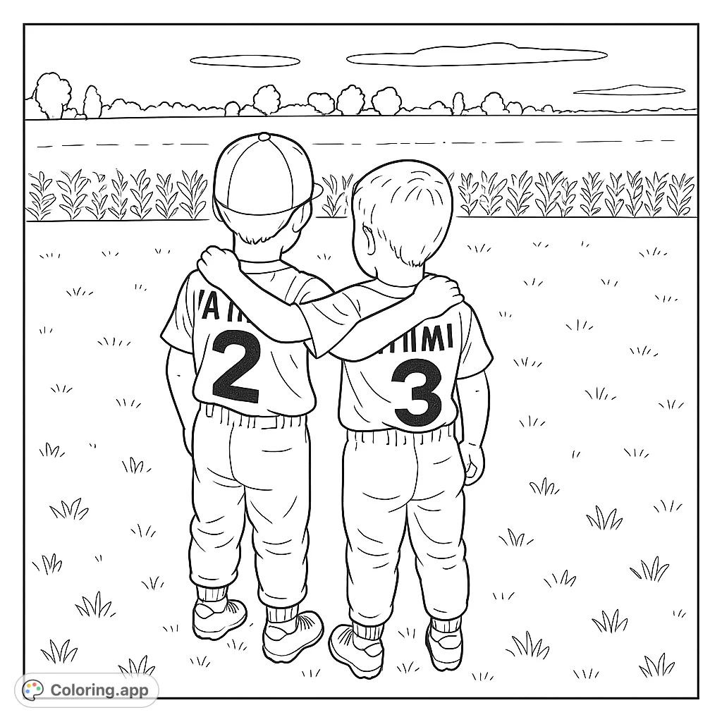 Two young friends, seen from behind, stand in a vast field, arms around each other, ready for an adventure. Perfect for young sports enthusiasts.