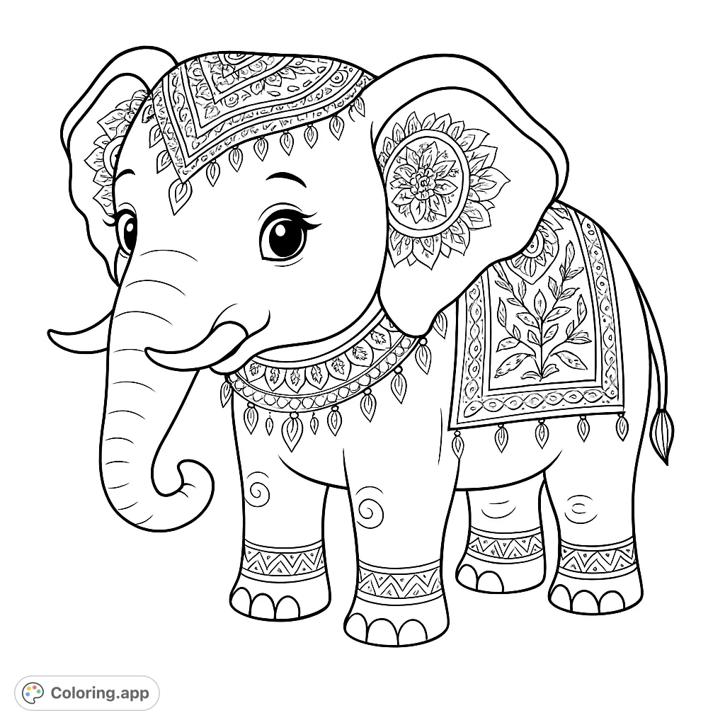 A charming elephant adorned with intricate patterns on its head, ears, neck, and back blanket, ready for a splash of imagination.