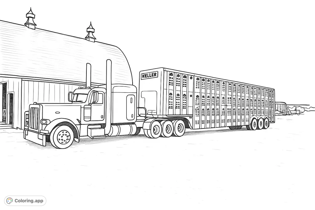 A detailed depiction of a powerful semi-truck with a livestock trailer parked at a farm, featuring a barn background. Perfect for truck and farm enthusiasts.