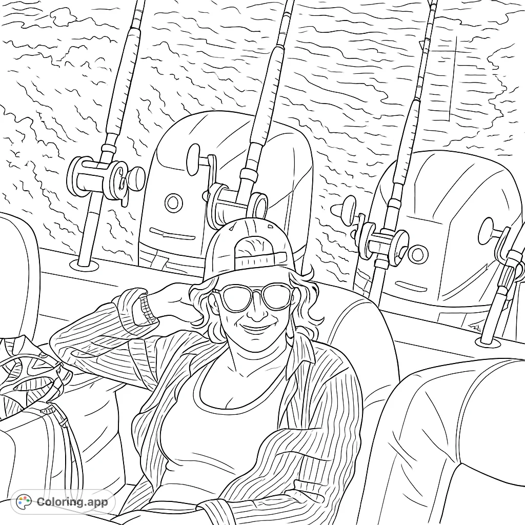 Capture the serene moment of an angler relaxing on a boat, surrounded by fishing rods and churning water. A perfect boating adventure.