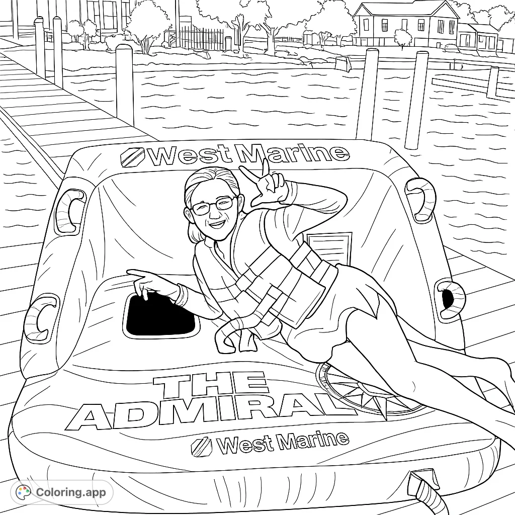 A cheerful person enjoys a relaxing moment on a large water float on a wooden dock. Features detailed inflatable elements and a scenic waterfront background.