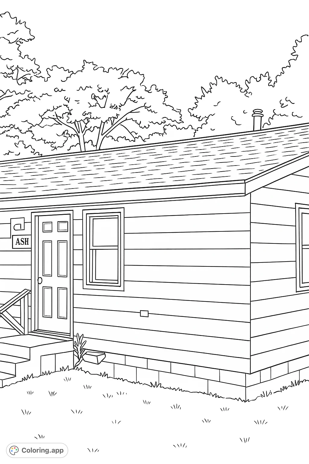 Escape to a charming cabin in nature. This detailed coloring page features horizontal siding, a shingled roof, and a serene woodland backdrop for creative expression.
