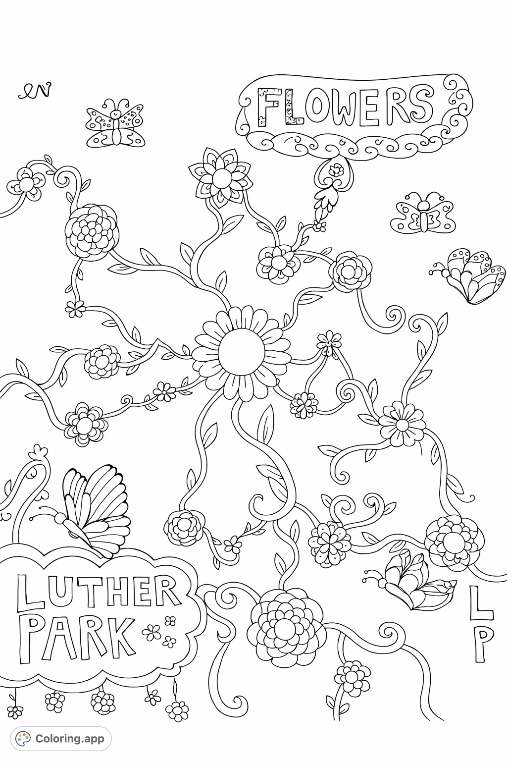 An intricate floral coloring page featuring a central elaborate blossom, winding vines with various flowers and leaves, and delicate butterflies.