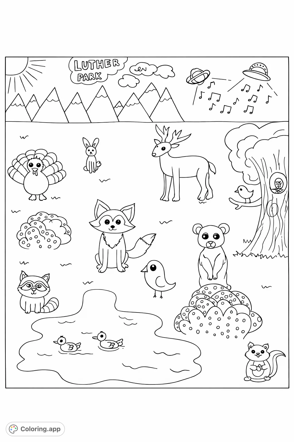 Discover Luther Park with charming animals like deer, foxes, and ducks, set against majestic mountains and whimsical flying objects. A delightful scene for all ages.