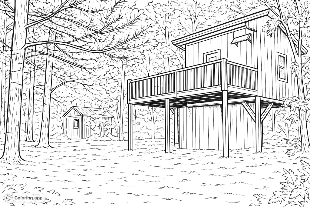 Explore a charming cabin nestled among many trees with a spacious deck. A serene nature scene, perfect for detailed coloring and relaxation.
