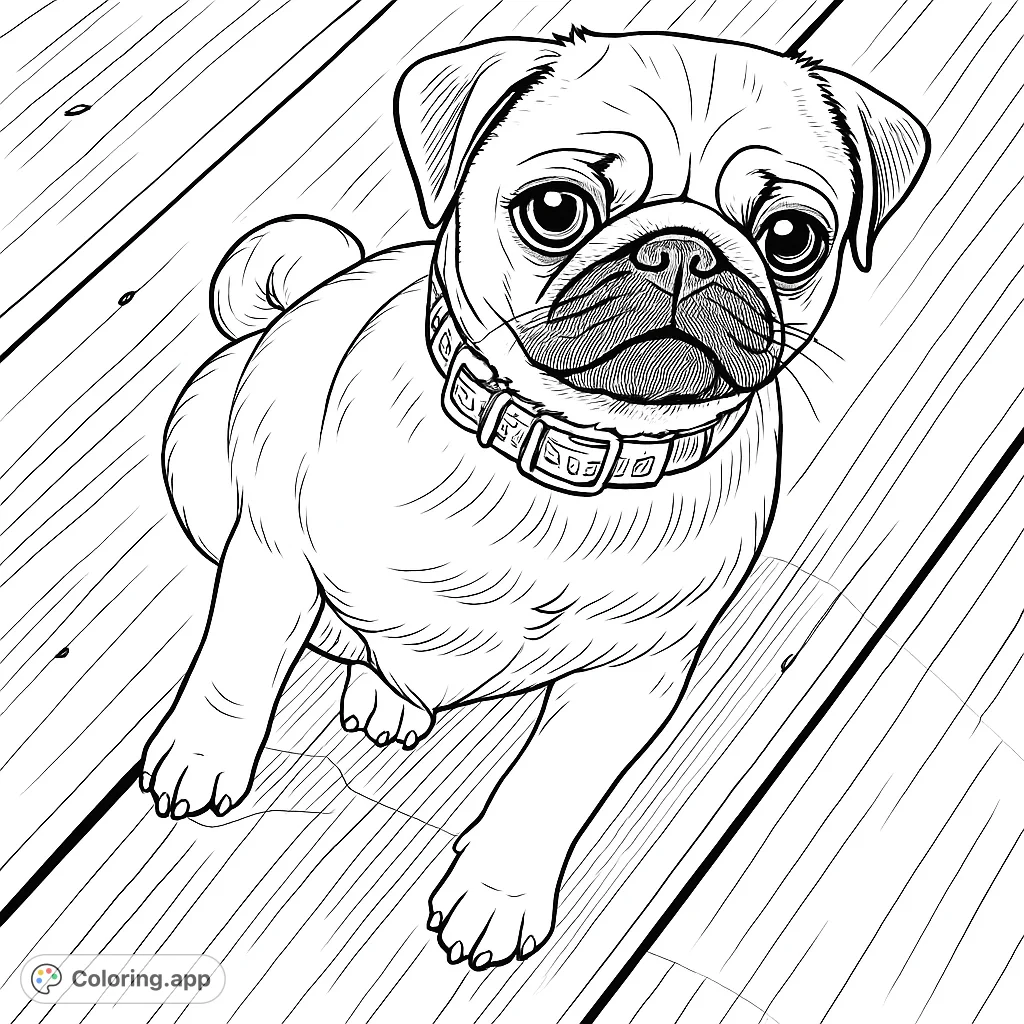 A charming pug puppy with a wrinkled face and expressive eyes sits patiently on a wooden deck, ready for a splash of imagination. A delightful animal coloring page.