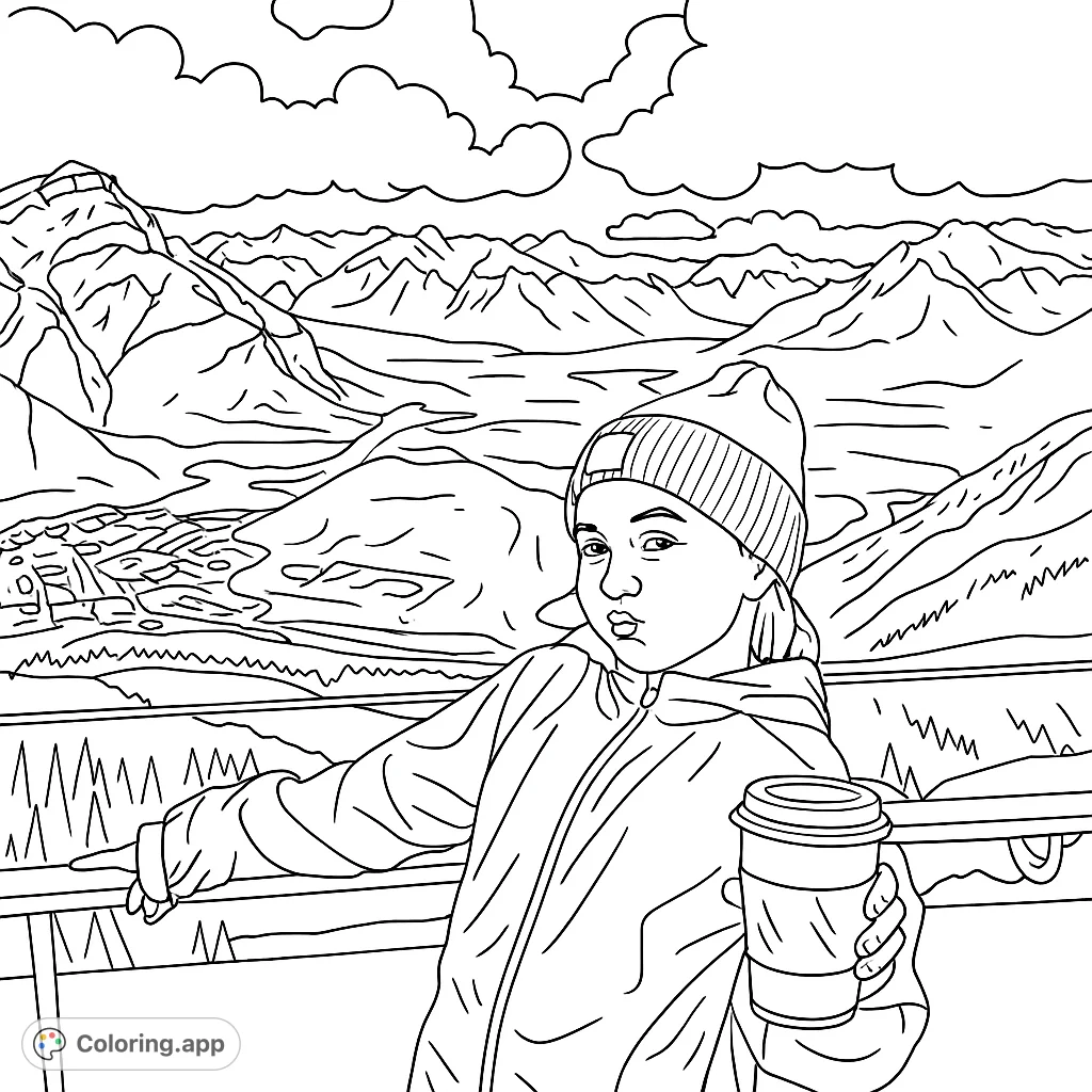 A playful child winks from a mountain observation deck, holding a cup against a backdrop of majestic peaks and a scenic valley. A fun mountain adventure!