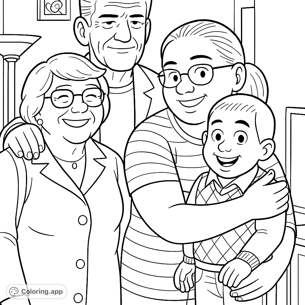A heartwarming family portrait of four smiling individuals, including an older couple, a younger woman, and a happy child, ready for a joyful coloring experience.
