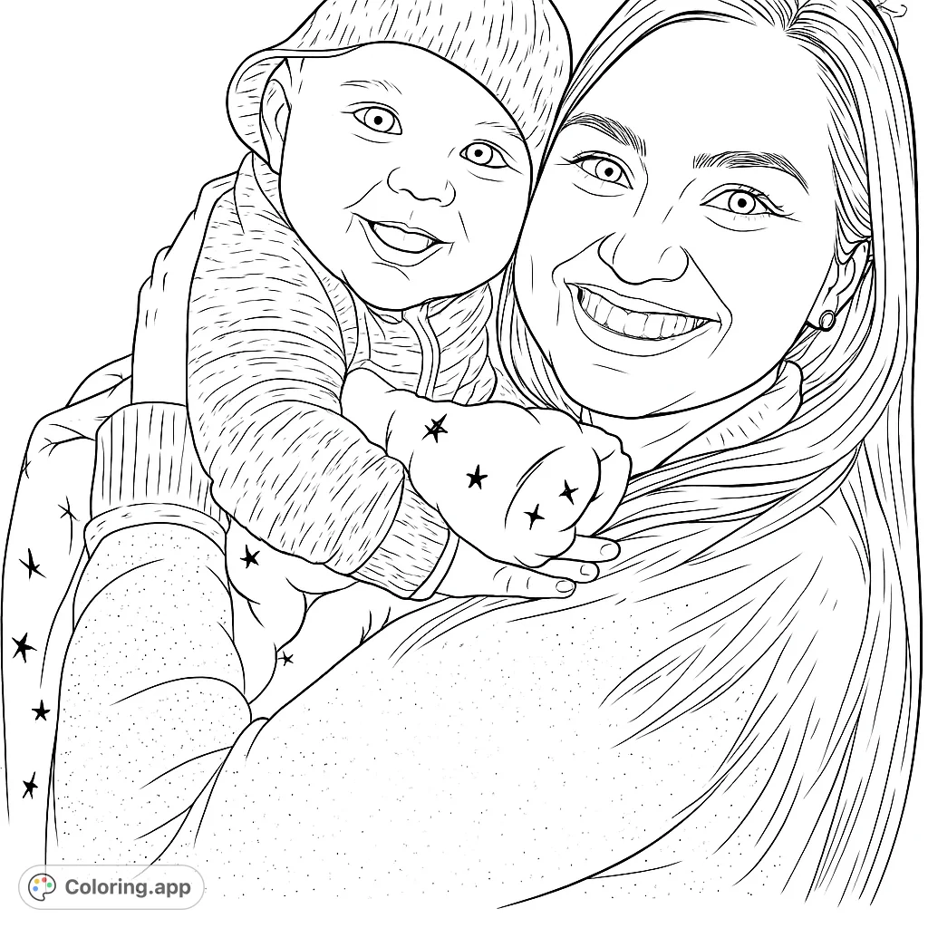 A heartwarming scene of a smiling mother embracing her happy baby, radiating joy and love. Perfect for a cozy mother and child coloring page.