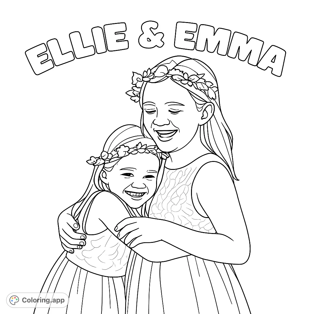 Capture the heartwarming embrace of two laughing girls adorned with floral wreaths. A delightful scene celebrating sisterhood.