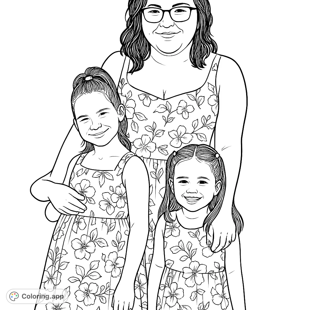 A heartwarming family scene featuring a mother with her two smiling daughters in patterned dresses. Perfect for family-themed coloring.