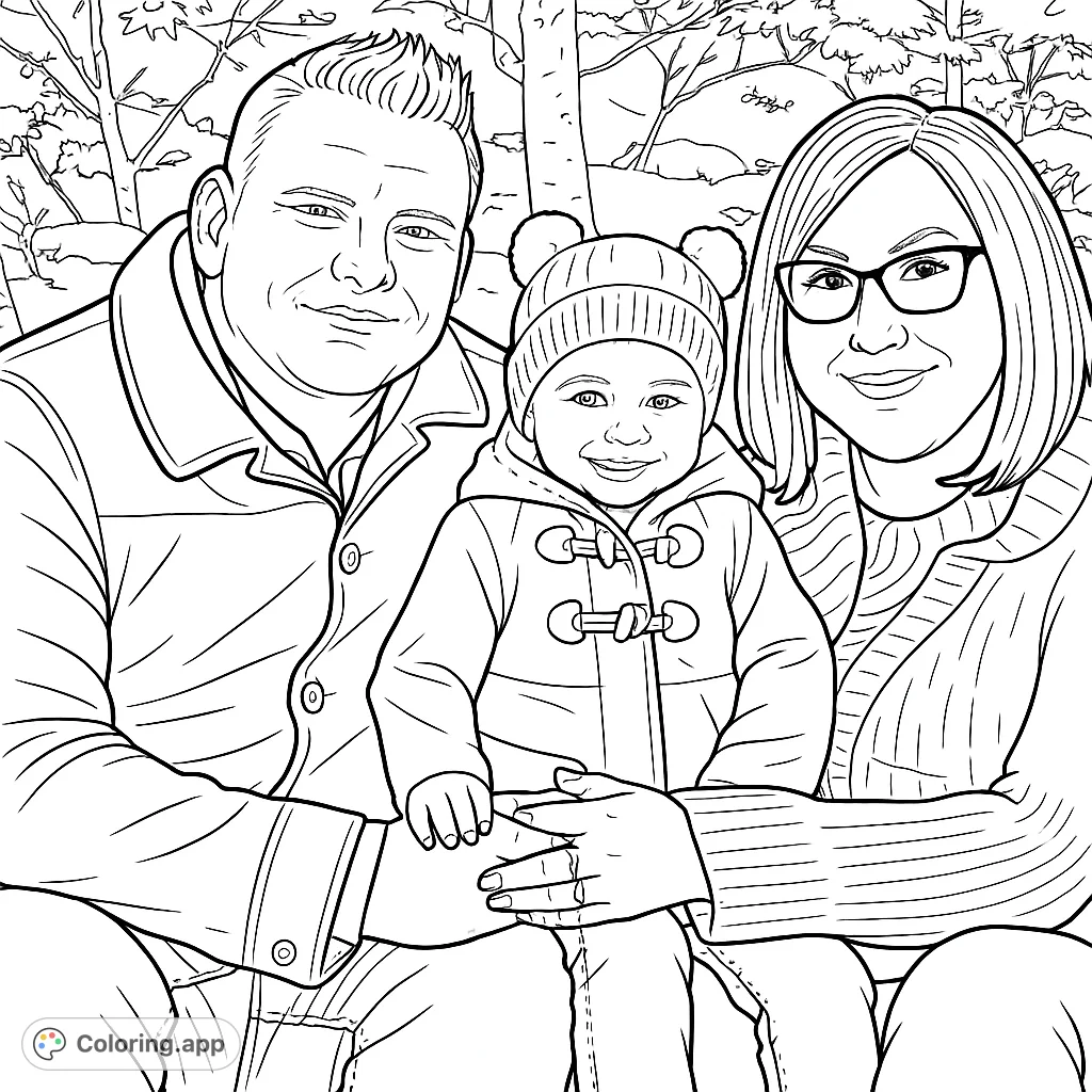 A heartwarming family portrait featuring a smiling man, woman, and child bundled in winter attire, set against a serene snowy backdrop. Perfect for a cozy coloring experience.