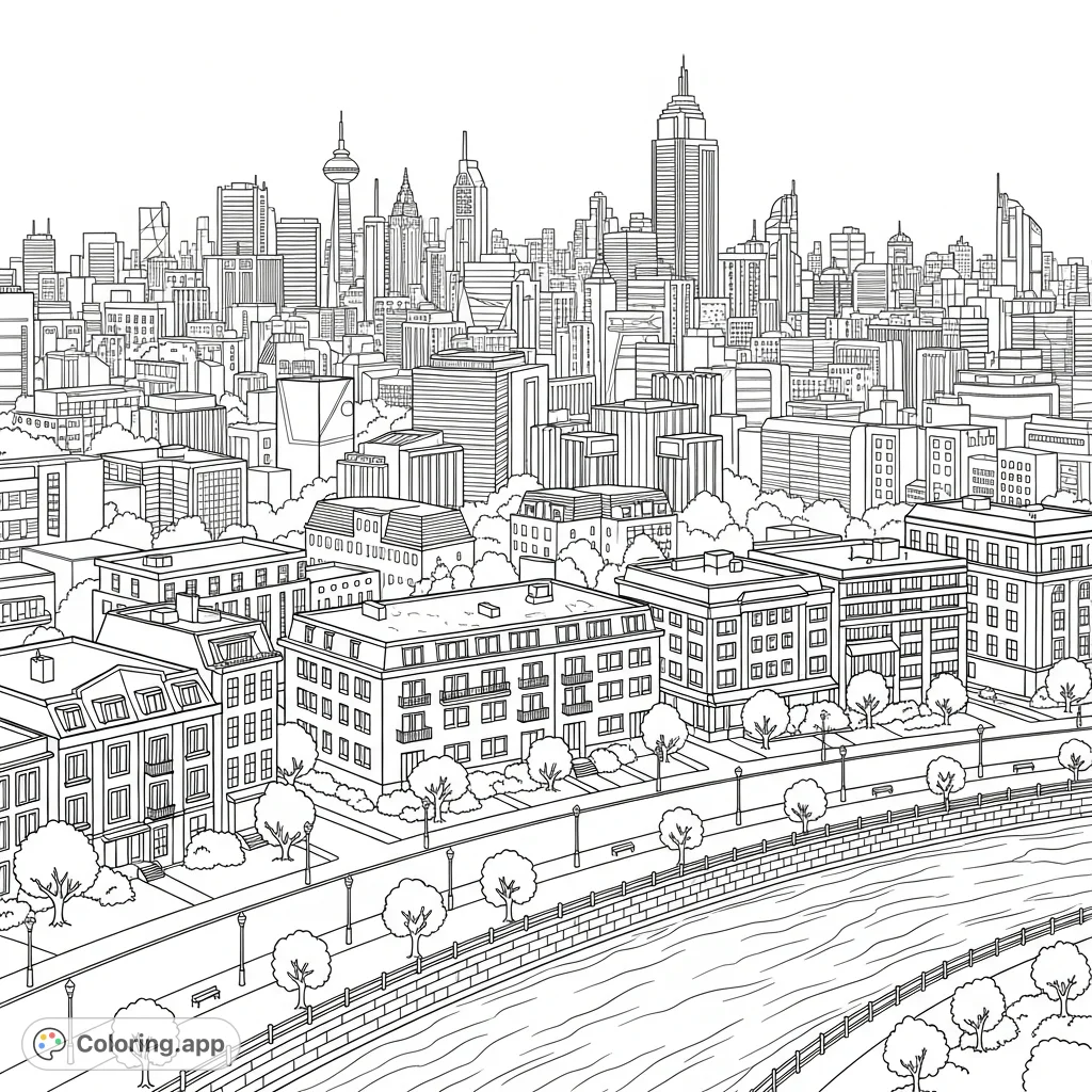 Explore a detailed cityscape from an aerial view. This complex coloring page features a flowing river, intricate buildings, and a sprawling urban skyline under a vast sky.
