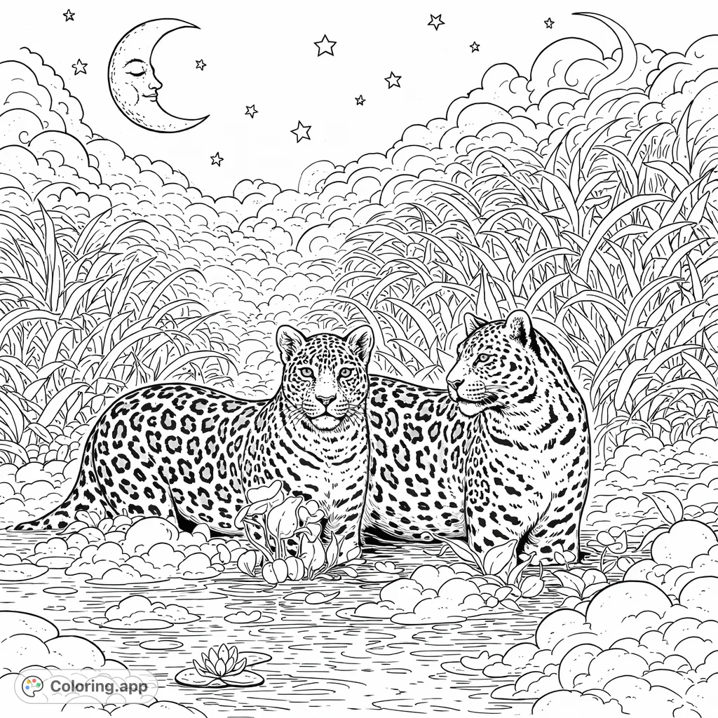 Two magnificent jaguars with intricate patterns emerge from a dreamlike wetland, surrounded by tall reeds and aquatic plants, offering a surreal coloring experience.