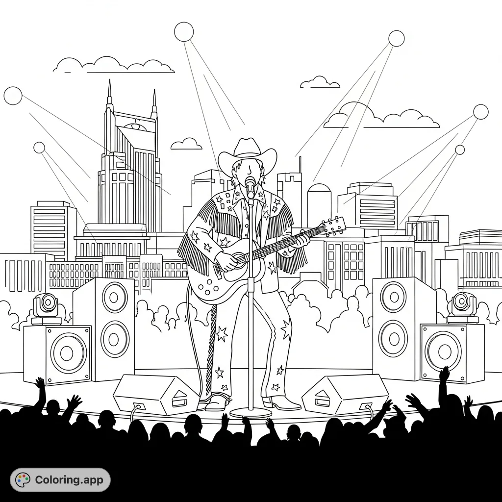 Capture the electrifying energy of a country singer on stage in Nashville! This detailed free printable coloring page features a performer, guitar, and iconic skyline.