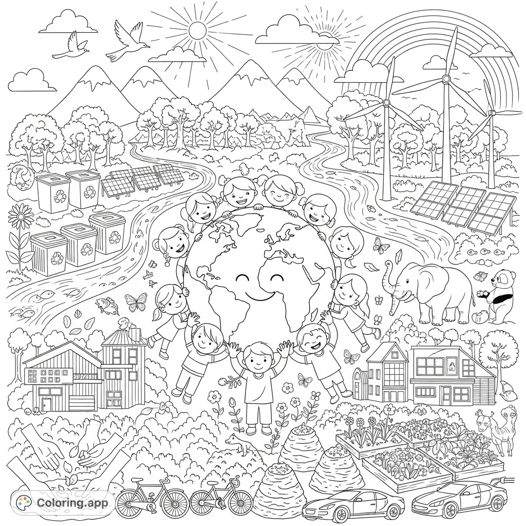 A joyful Earth Day scene featuring a smiling planet held by diverse children, surrounded by trees, animals, and symbols of sustainability. Perfect for young environmentalists!