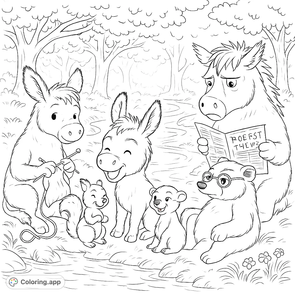 Color a delightful woodland scene featuring friendly donkeys, a squirrel, a badger, and a weasel enjoying a peaceful moment by a winding stream. Find this free printable woodland friends coloring page!