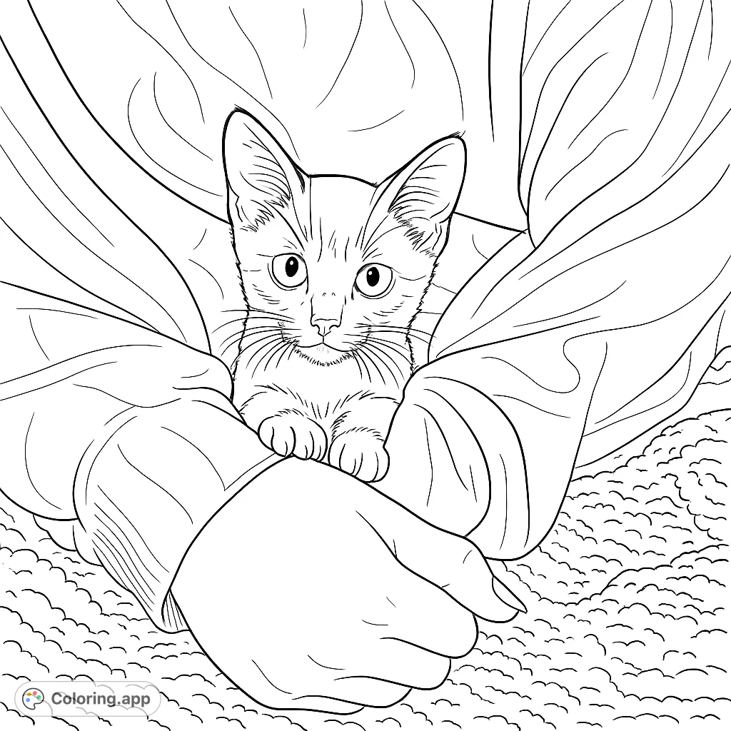 A heartwarming kitten coloring page featuring an adorable feline peeking from a cozy embrace, perfect for animal lovers of all ages.