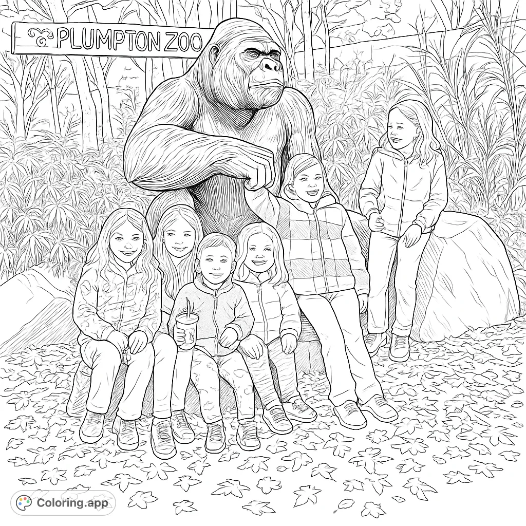 Capture a heartwarming scene of six children posing cheerfully with a grand gorilla statue. A fun zoo adventure, perfect for all ages.