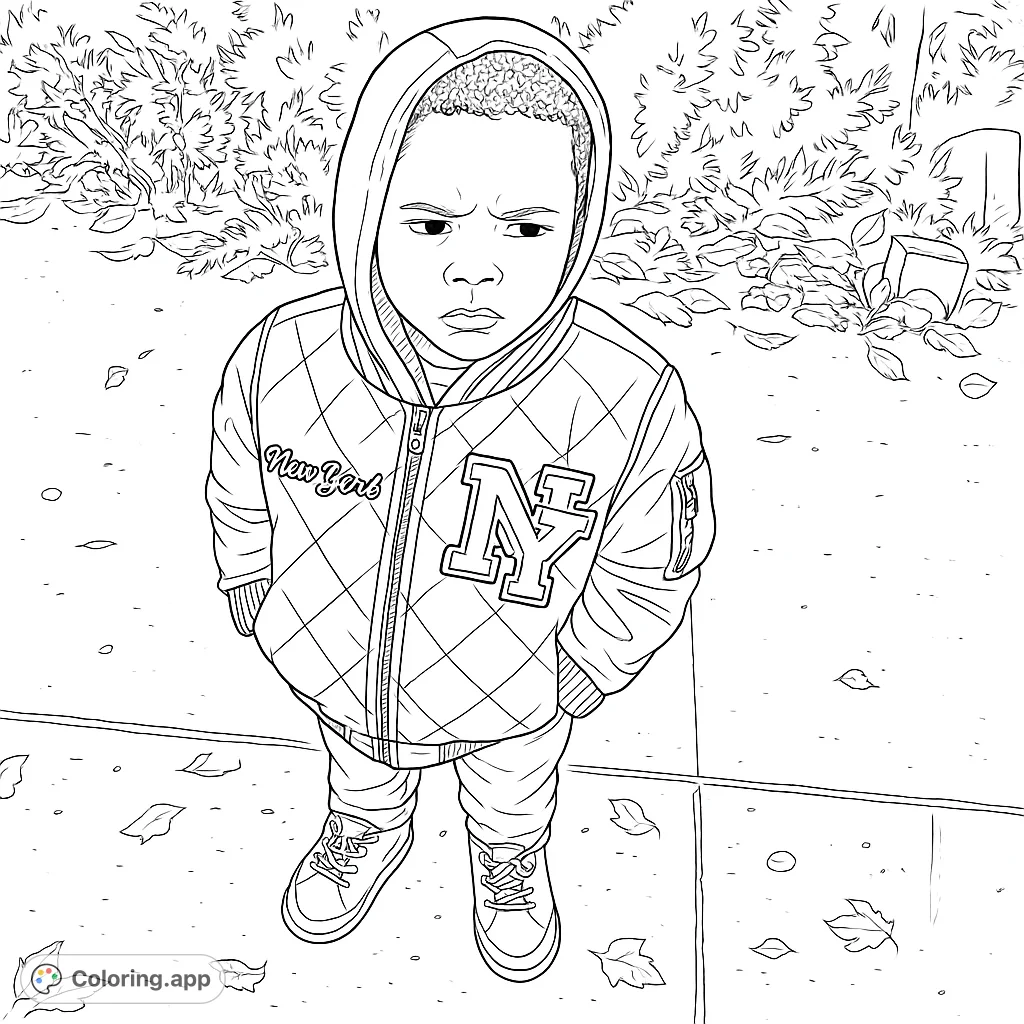 A detailed coloring page featuring a young child in a hooded jacket and sneakers, standing on an urban sidewalk surrounded by fallen leaves and shrubbery.
