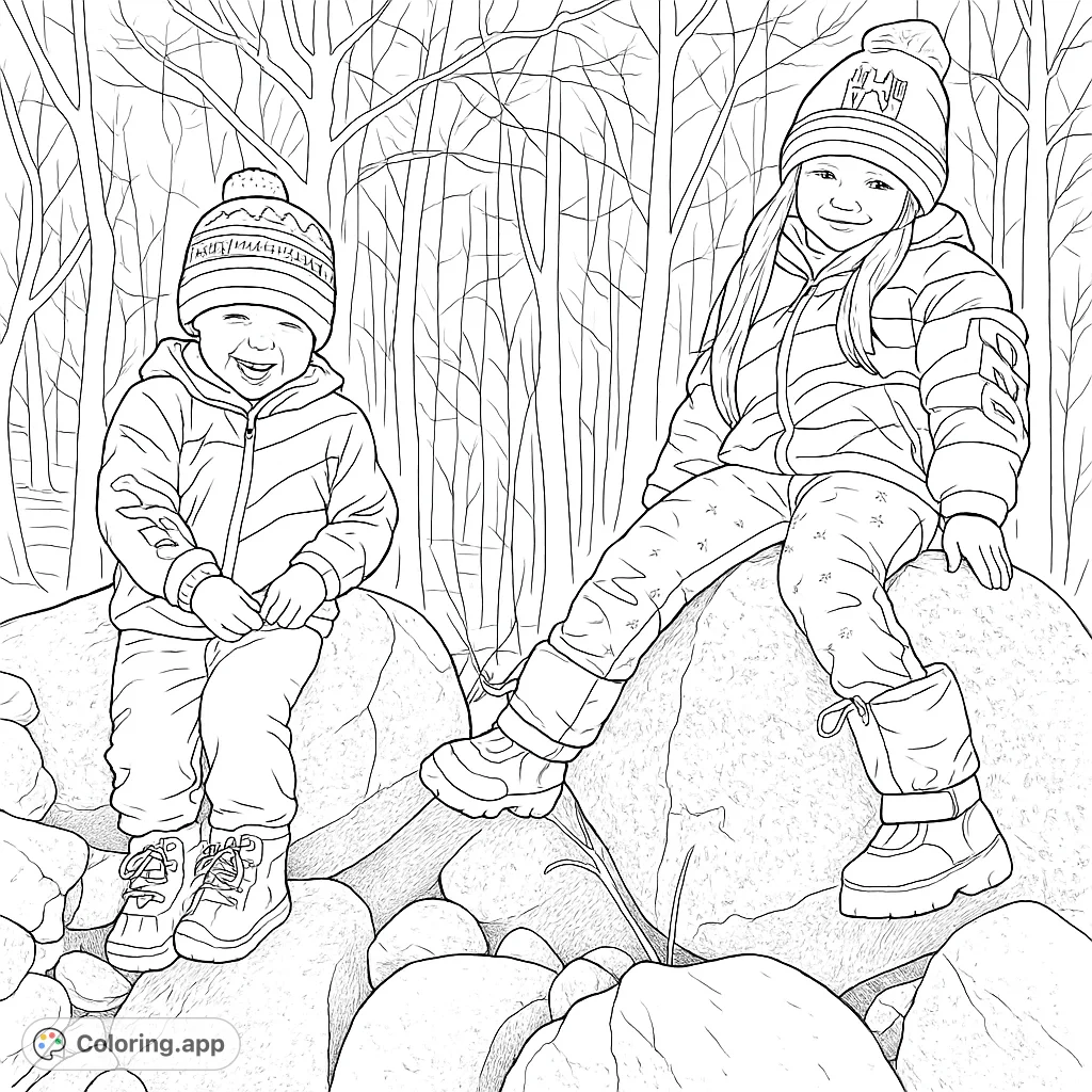 Joyful scene of two children bundled in winter gear, smiling happily while sitting and playing on large outdoor rocks. Perfect for a cozy winter activity.