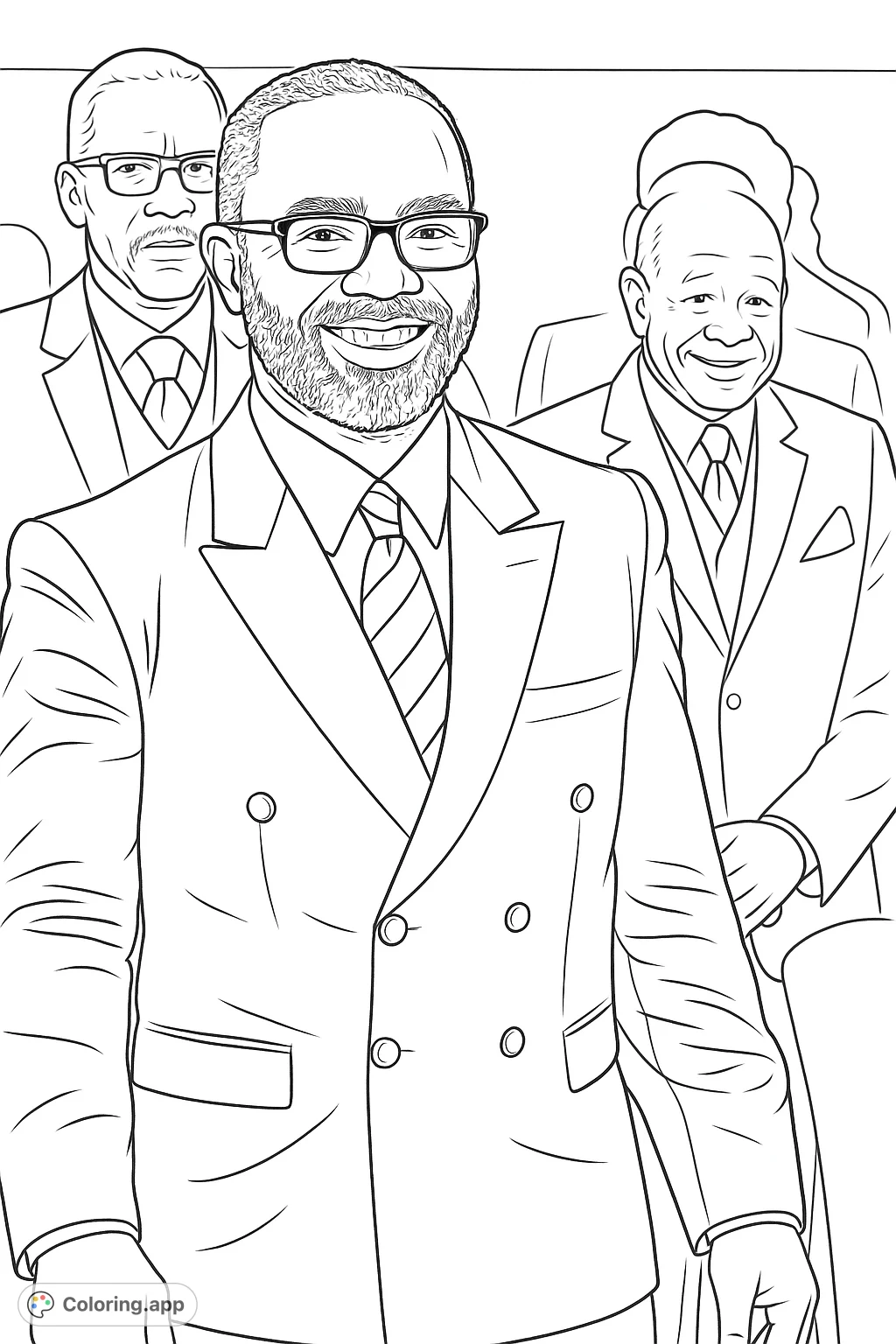 A distinguished man in a double-breasted suit and striped tie smiles warmly, capturing a moment of formal elegance amidst a gathering.