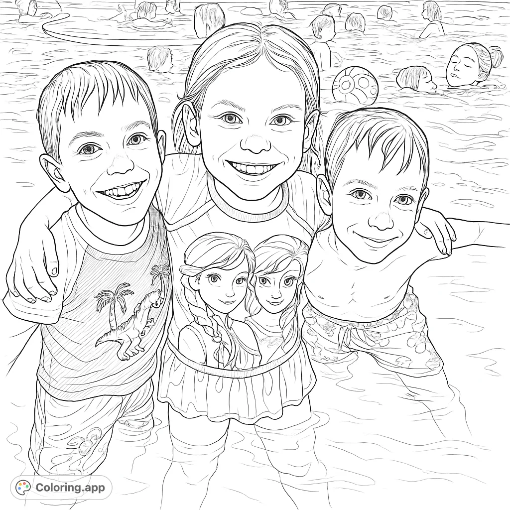 Three joyful children embracing in a swimming pool, ready for a fun day of coloring. A perfect scene for kids to express their creativity.