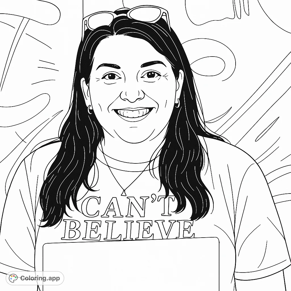 A cheerful woman with sunglasses and a pendant necklace, ready for creative coloring. Perfect for personalizing with your unique palette.