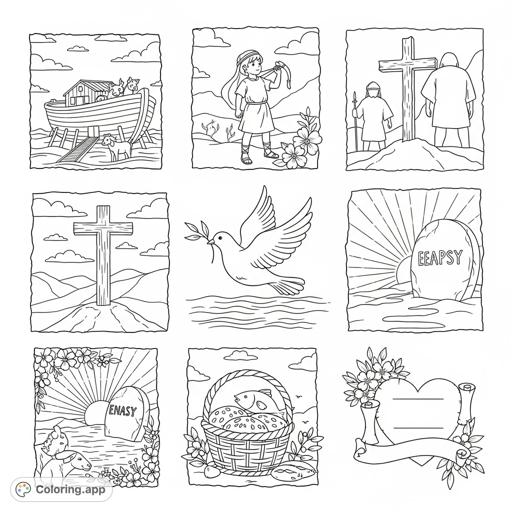 Explore classic biblical moments in intricate vignettes. Features Noah's Ark, David and Goliath, the Empty Tomb, and more, all with delicate floral details.