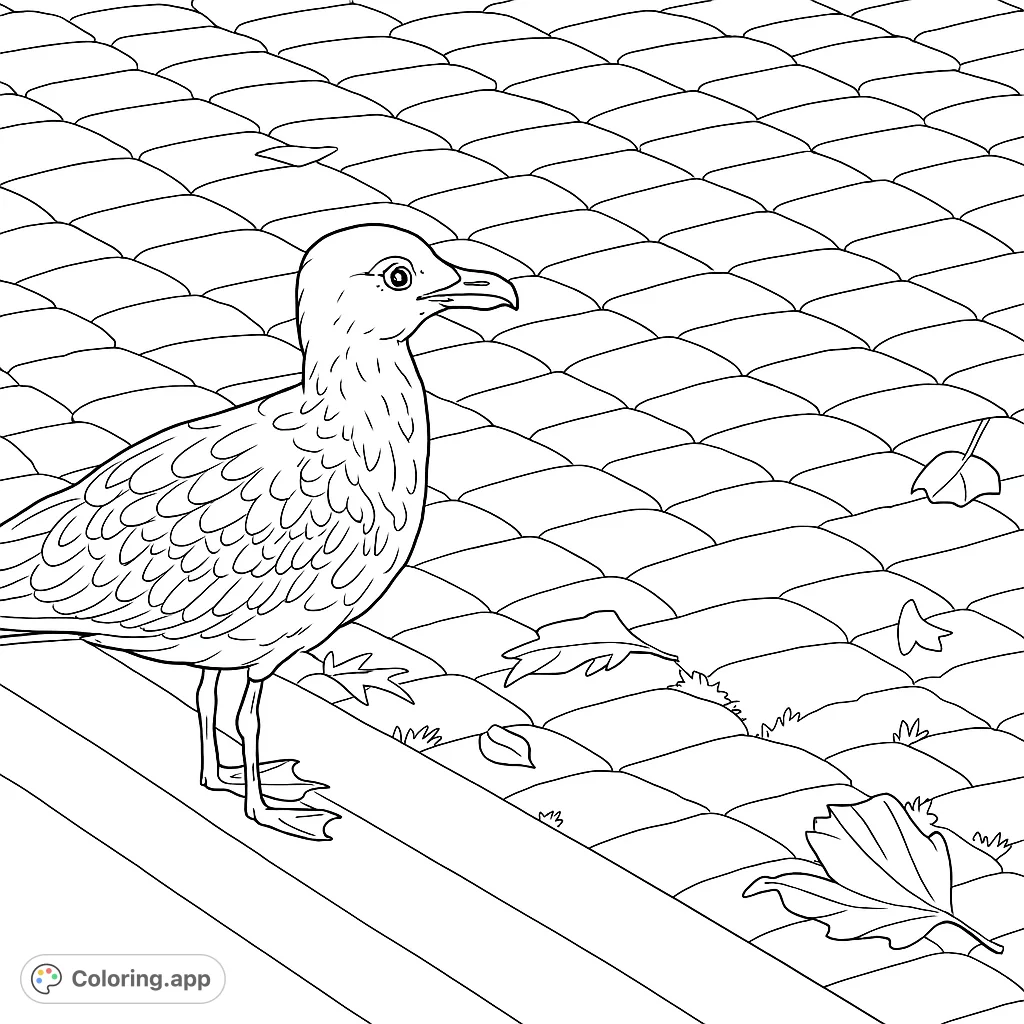 A charming seagull stands on a stone step, overlooking a detailed cobblestone path with grass and fallen leaves, perfect for nature enthusiasts.