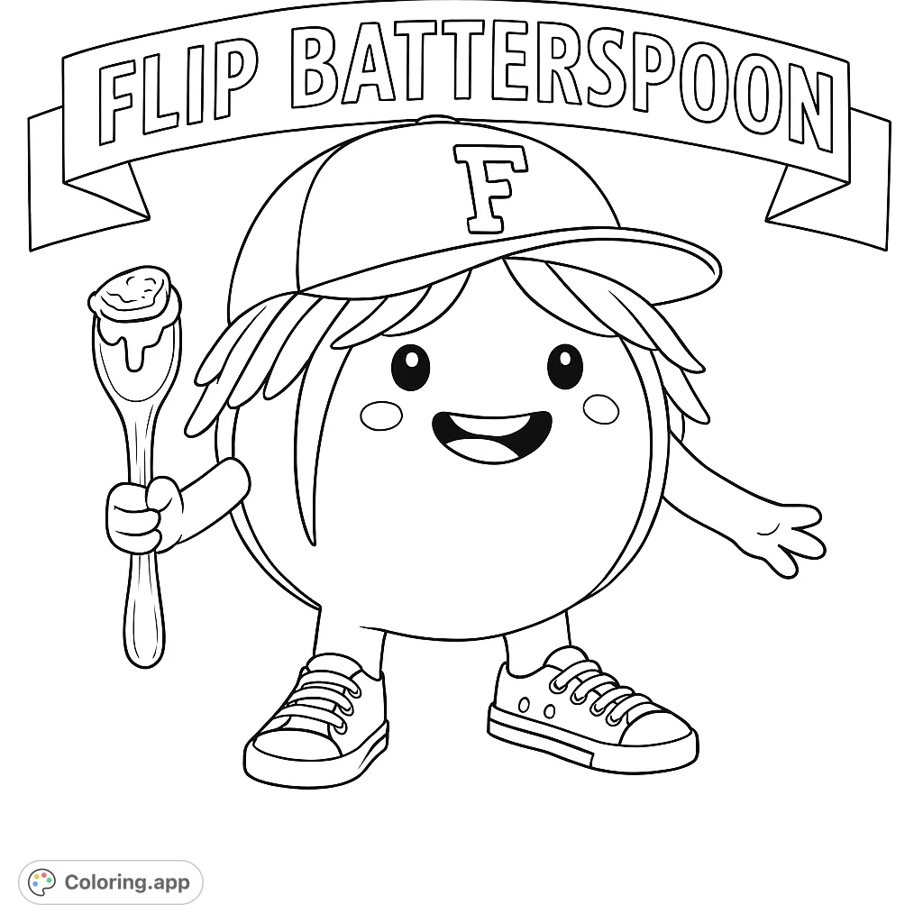 Meet Flip Batterspoon, the world's smartest pancake! This adorable character with a cap and a spoon of deliciousness is ready for your creative touch.