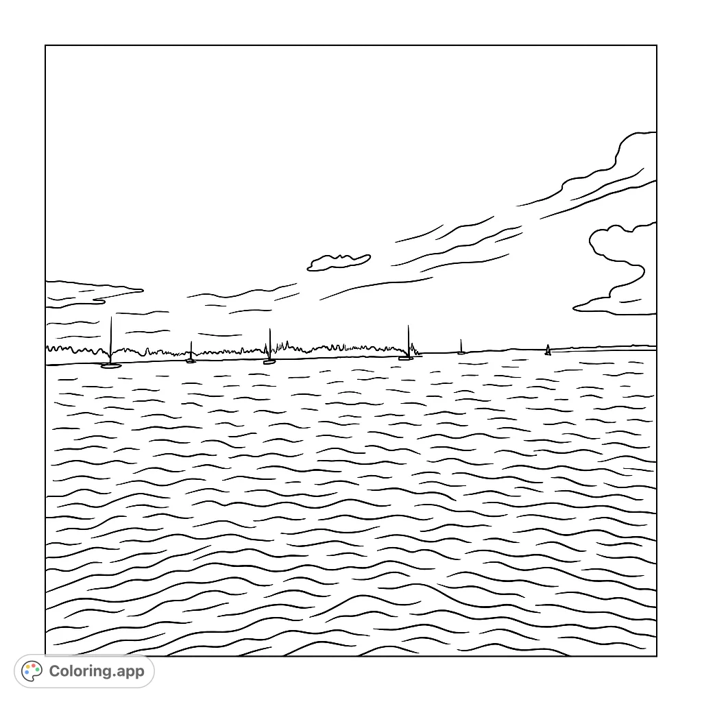 Explore a serene coastal seascape featuring numerous sailboats dotting the horizon near a lush treeline, under an expansive sky with gentle clouds, offering a tranquil coloring experience.