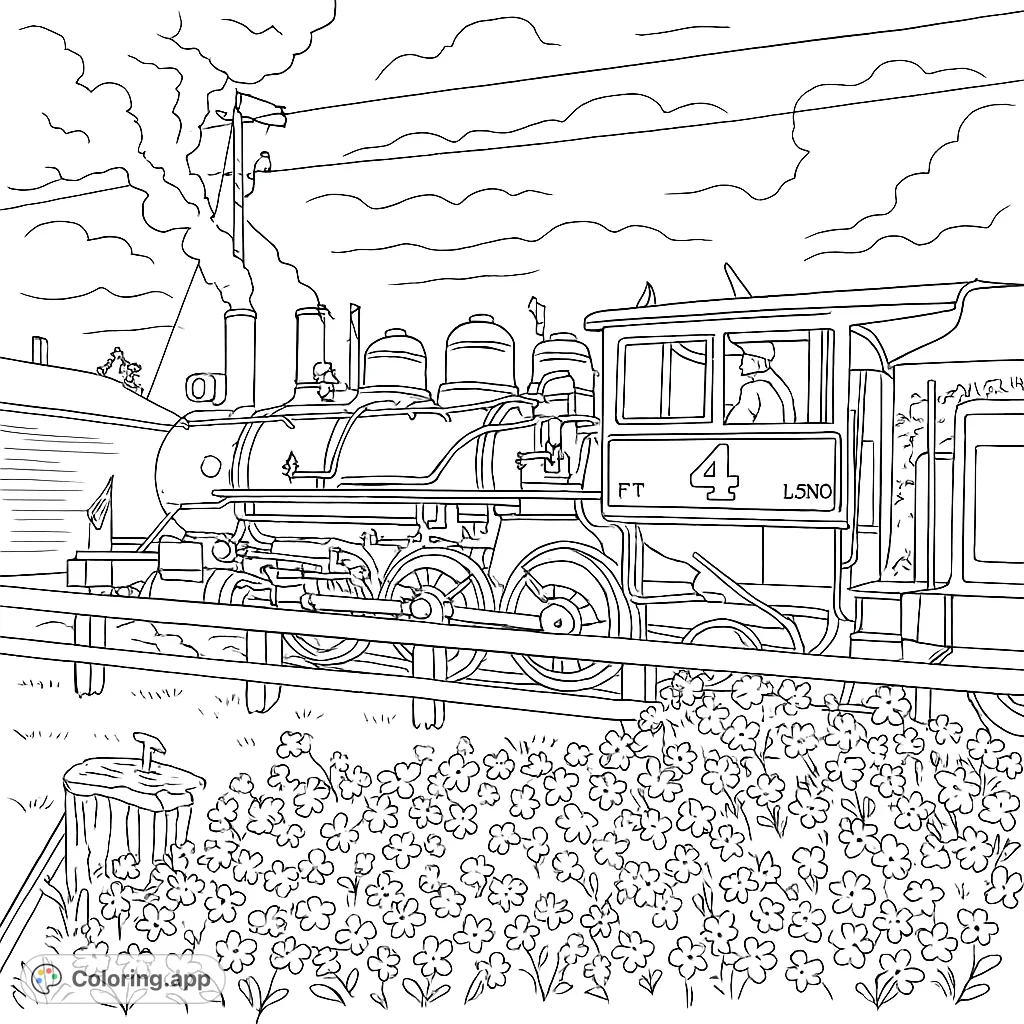 Journey back in time with a detailed steam locomotive coloring page, featuring a conductor, a white fence, and blooming bushes under a cloudy sky.