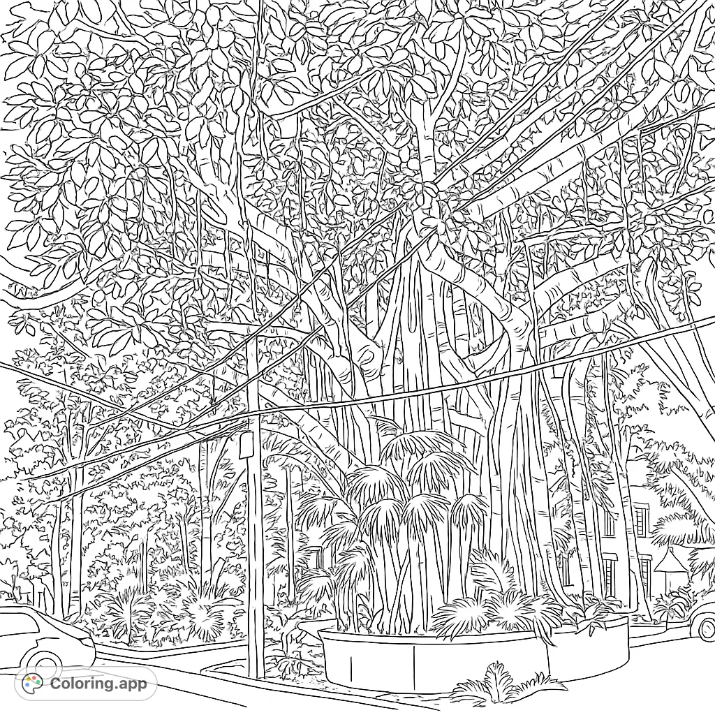 Explore a magnificent banyan tree with intricate aerial roots and a sprawling canopy. This detailed banyan tree coloring page invites you to unwind and explore nature's grandeur.