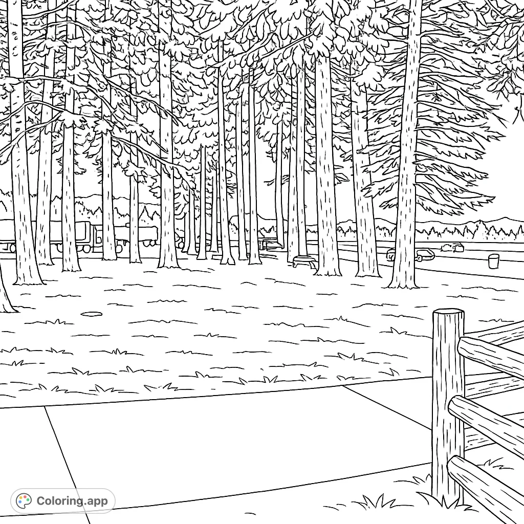 Explore a peaceful pine grove, complete with numerous trees, picnic tables, and distant vehicles. Perfect for a relaxing nature-themed coloring session.