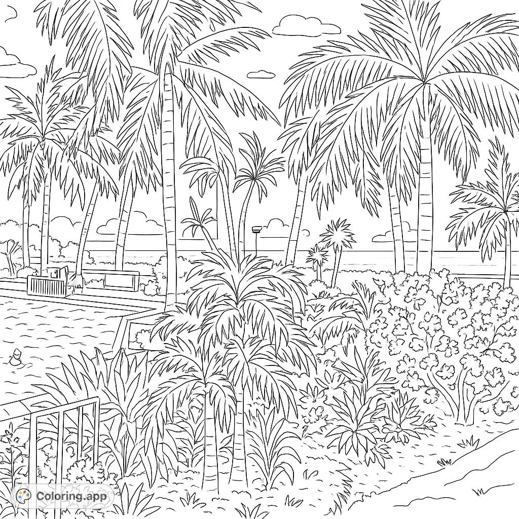 Dive into a tropical oasis with this coloring page! Featuring a sparkling pool, swaying palm trees, and lush foliage by the ocean.