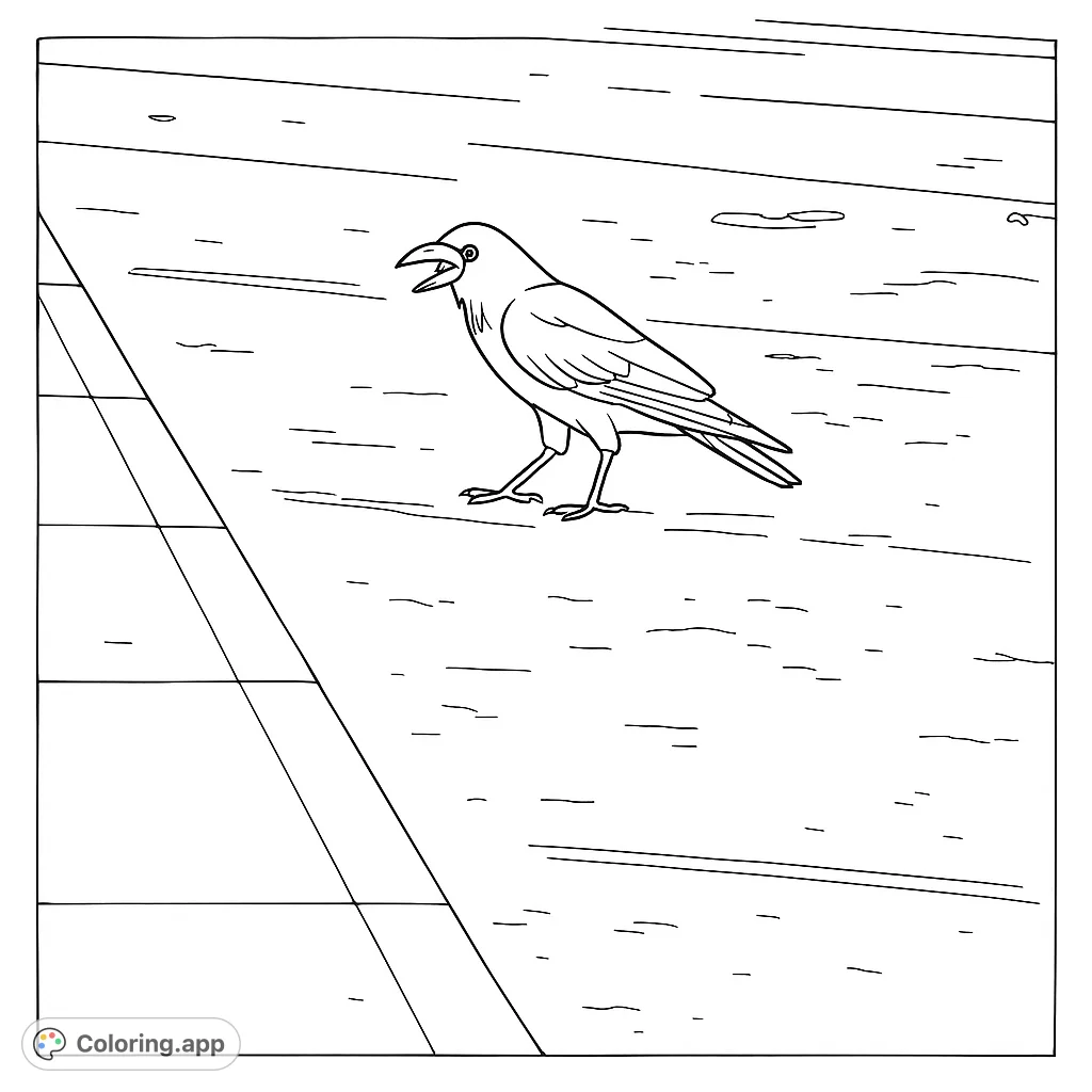 A striking crow stands with its beak open on a textured paved surface with parking lines and a sidewalk. Perfect for nature and urban scene enthusiasts.