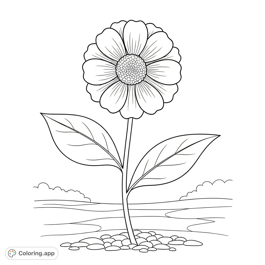A beautiful, simple flower coloring page featuring a graceful blossom with delicate petals, a slender stem, and broad leaves, perfect for peaceful coloring.