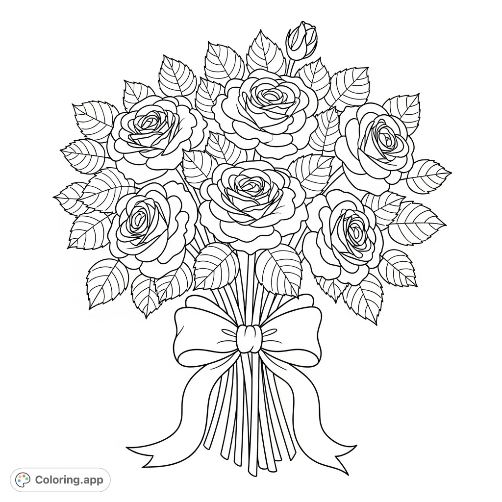 Discover a charming, simple rose bouquet coloring page, perfect for all ages. Features beautiful roses, delicate leaves, and a flowing ribbon.