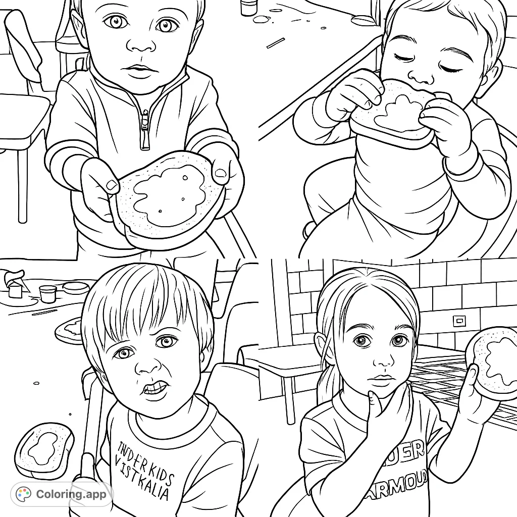 Explore a fun creative snack time with four cheerful toddlers and their unique patterned bread slices. A delightful activity for young artists.