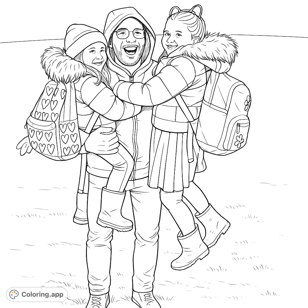 Capture a heartwarming moment of a parent enjoying a snowy day with two cheerful children. Features playful poses, winter attire, and detailed backpacks.