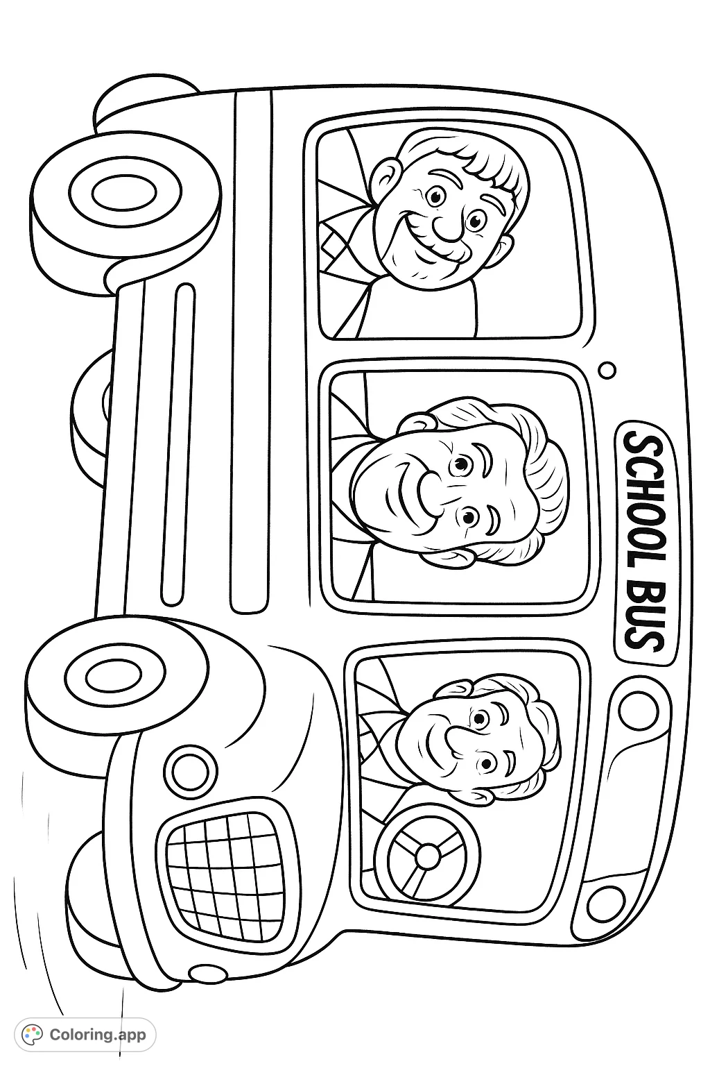 Hop aboard this fun school bus ride featuring three happy men, one driving and two enjoying the journey. A cheerful scene for all ages to color!