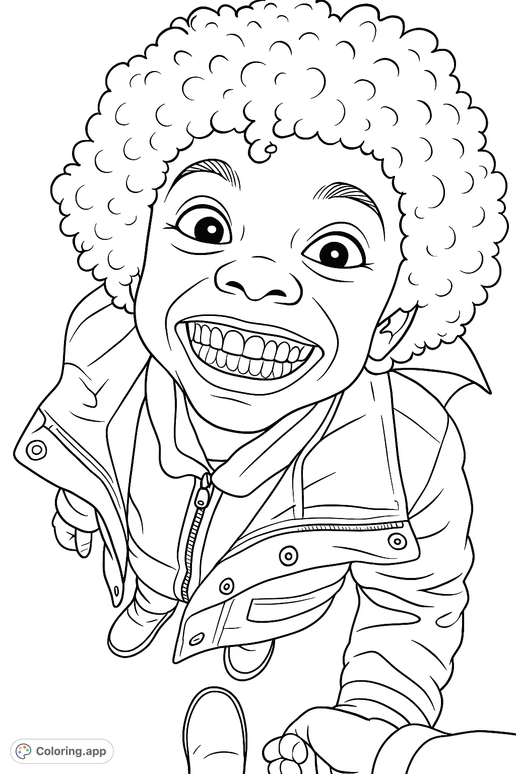 A delightful coloring page featuring a child with a huge, expressive smile, wide eyes, and a mass of curly hair, captured from a playful low angle.
