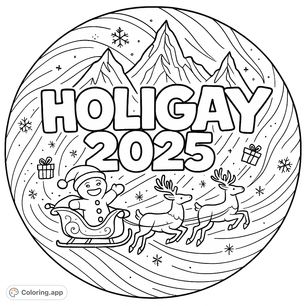 A whimsical "HOLIGAY 2025" design featuring a gingerbread rider in a sleigh pulled by festive reindeer amidst snow-capped mountains and swirling snowflakes.