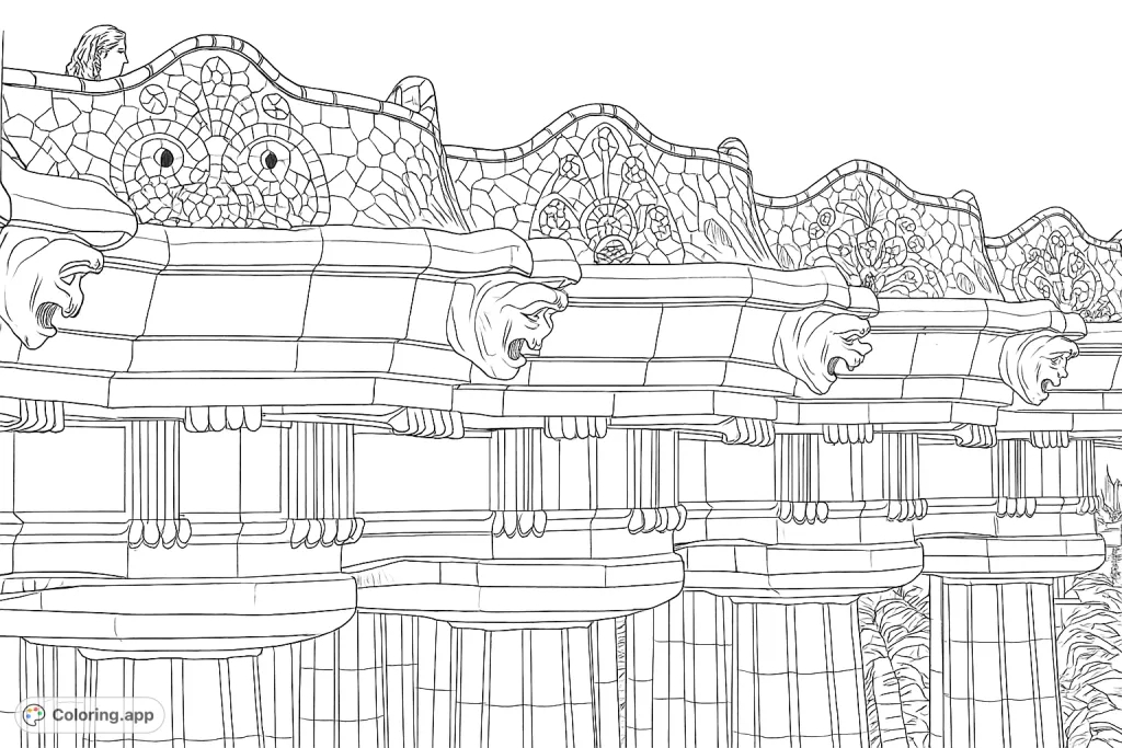 Explore the intricate details of a renowned architectural mosaic bench. This realistic coloring page features sculpted stone, repeating animal figures, and complex tile patterns.