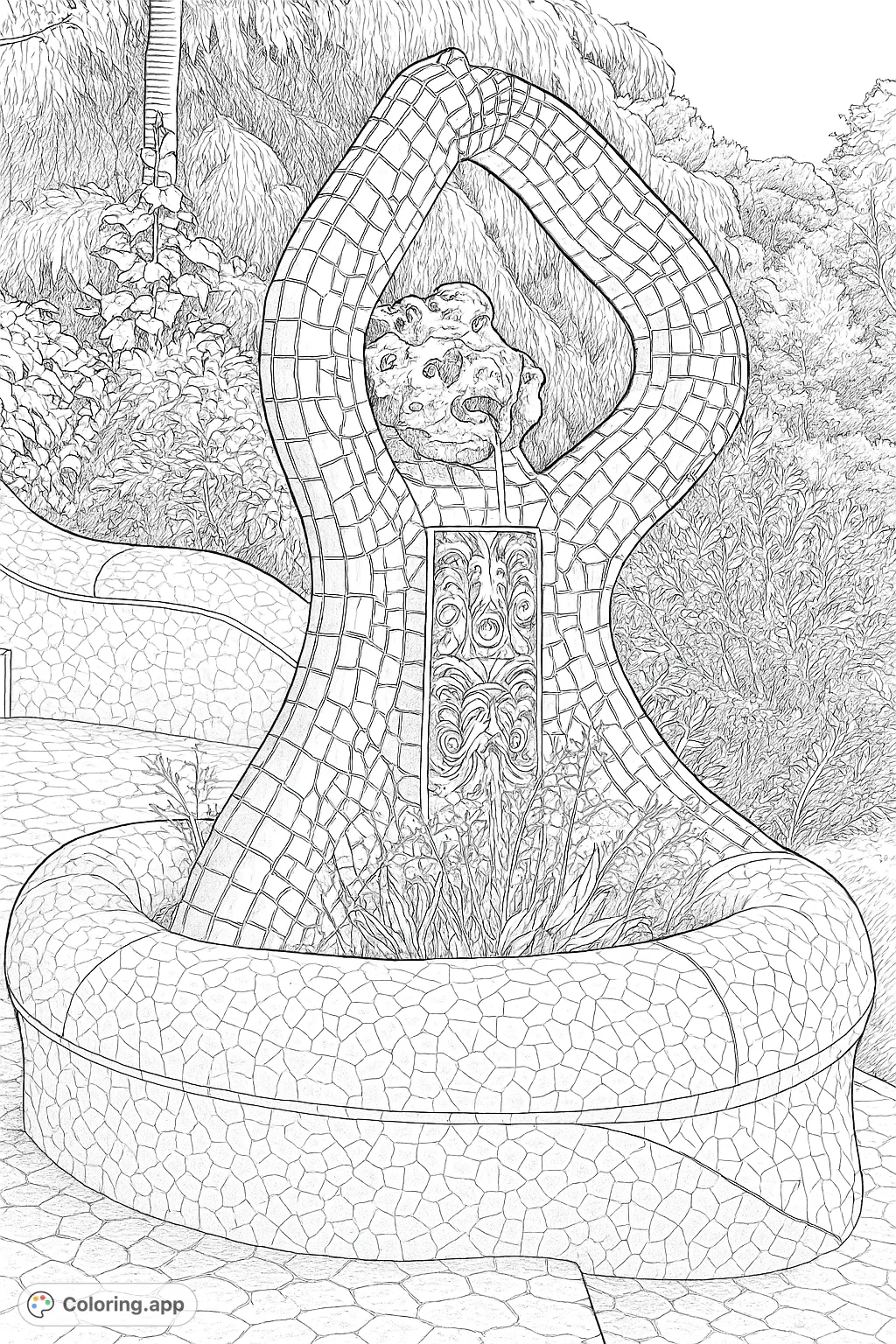 Explore a highly detailed mosaic architectural planter with intricate patterns, a lion's head, and flowing forms, set within a lush, natural environment.