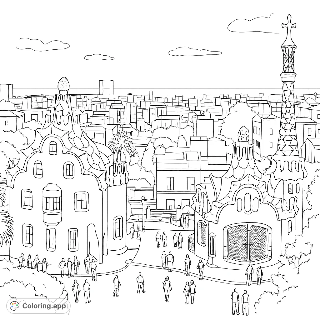 Explore a whimsical architectural park vista featuring unique, textured buildings with patterned roofs, a bustling path, and a distant city leading to the ocean.