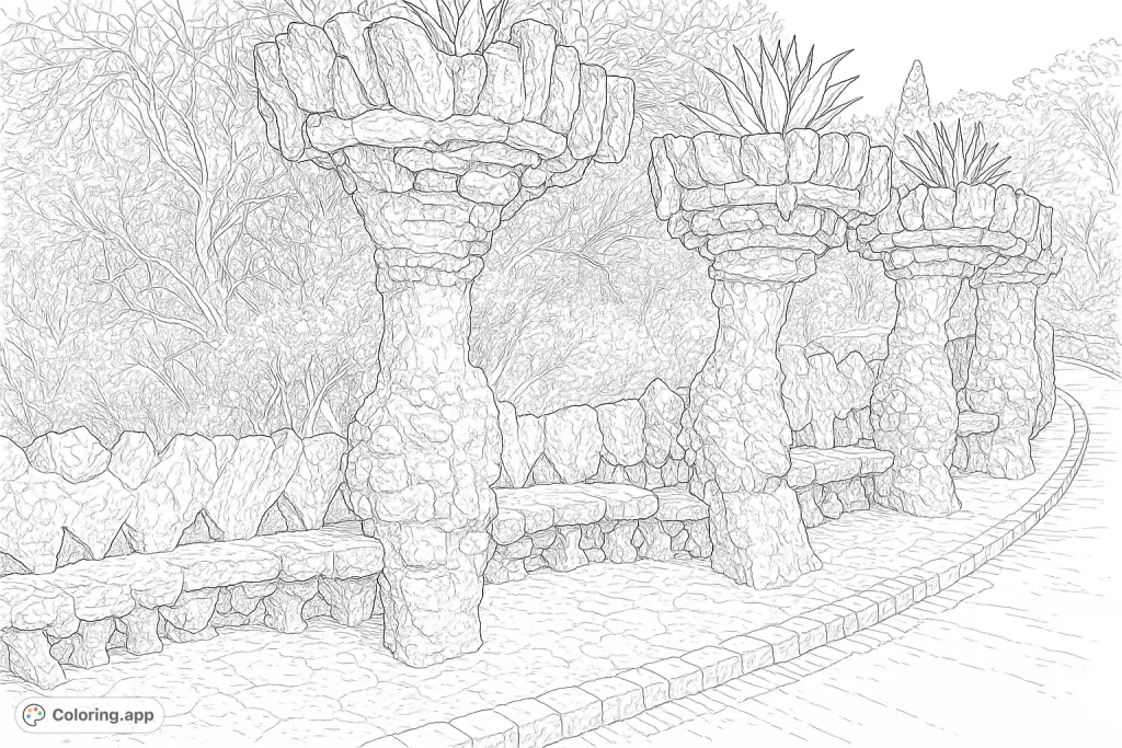 Discover an intricate stone garden featuring rugged columns topped with spiky plants and a winding path, set against lush natural scenery. A highly detailed architectural landscape.