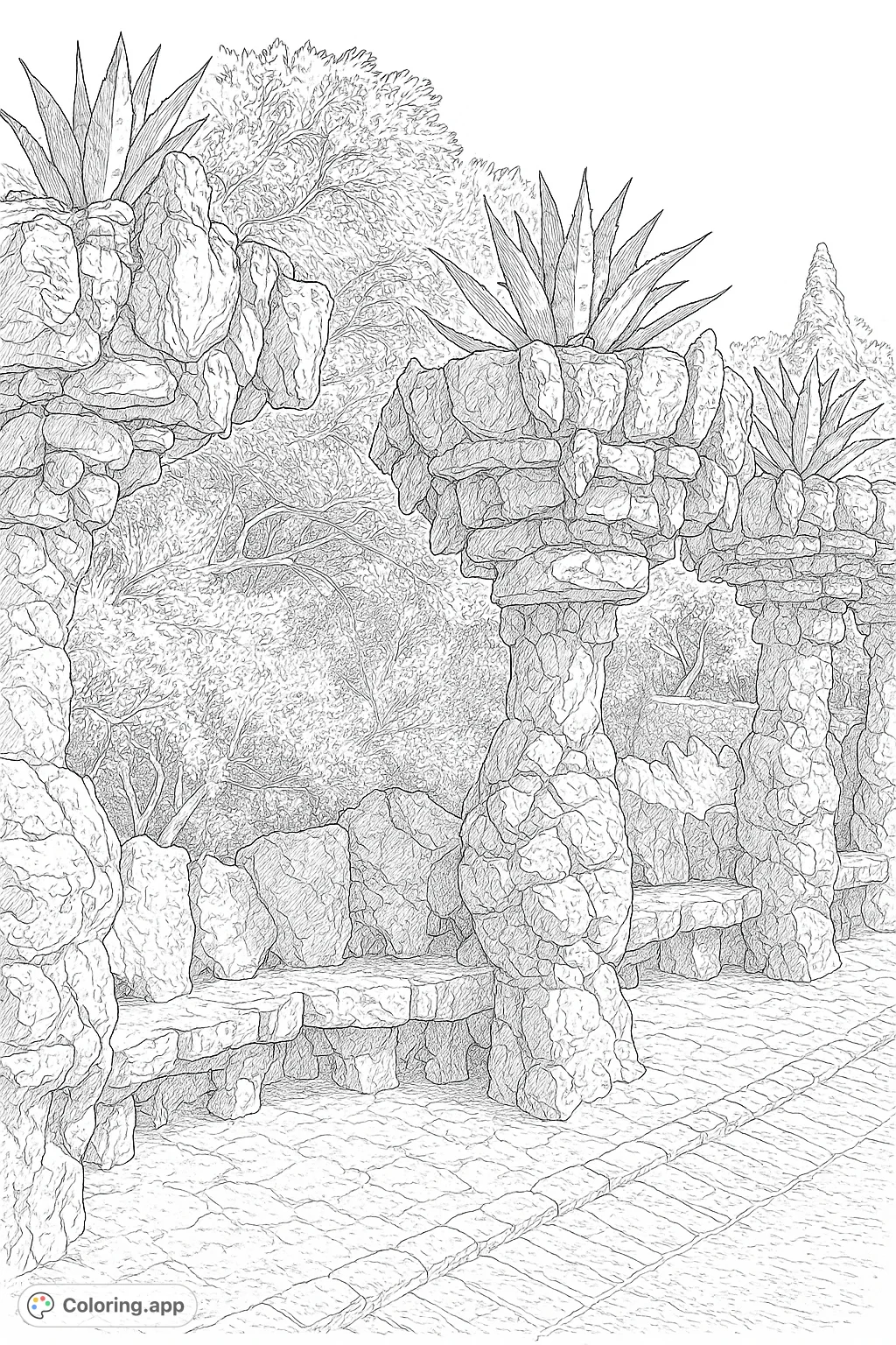 Explore a highly detailed architectural stone garden scene featuring rugged arches, a unique stone bench, and spiky agave plants, all set against a backdrop of lush foliage.